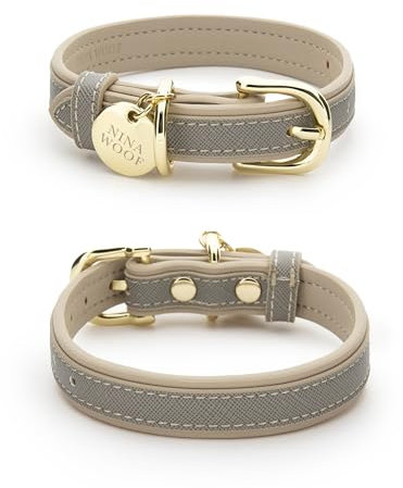 NINA WOOF London Hundehalsband aus veganem Leder, luxuriöse, verstellbare Schnalle für kleine bis große Hunde, gepolstert, Grau über Beige, Größe L