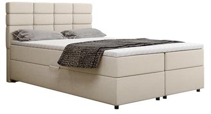 PANDA MÖBEL Reve Boxspringbett 140 x 200 cm Doppelbett mit hochwertiger Bonell-Matratze und Topper, Polsterbett mit Bettkasten, Schlafzimmer, Bequem, Modern, Stilvoll