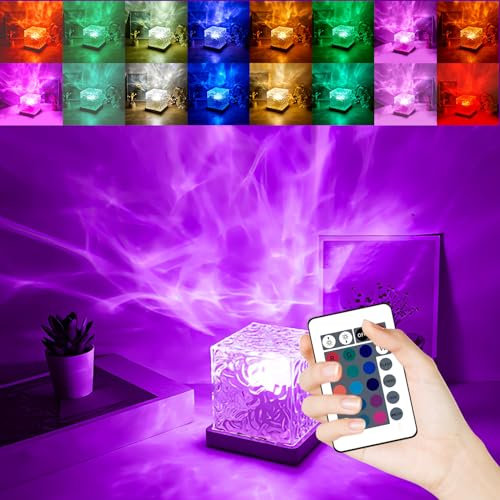 Sporgo Acryl Wellen Lampe: RGBW Lampe 16 Farben Nachtlicht, LED Wasserwellen Licht mit Fernbedienung, USB Ambiente Tischlampe Kristall Nachtlicht für Schlafzimmer, Wohnzimmer, Partys (Quadrat)