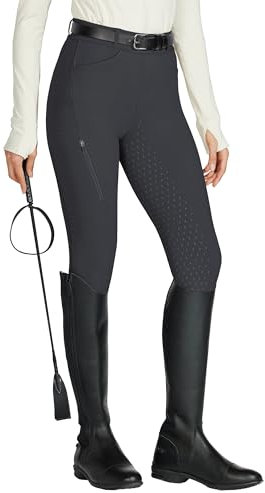 WILLIT Reitleggings Damen Reithose Silikon Vollbesatz High Waist Stretch Reithose mit Reißverschlusstasche Gürtelschlaufen Dunkelgrau M