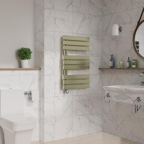Warmehaus Designer Smart WiFi Thermostatic Electric Bathroom Heated Towel Rail Warmer Radiator with Timer Flat Panel 824x500mm Brushed Brass