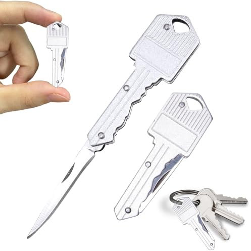 KARELLS Schlüsselanhänger Messer,Mini Taschenmesser,Klappmesser,Schlüsselförmiges Klappmesser,Griff aus Aluminiumlegierung,Outdoor & Survival Messer,fuer Freizeit,Camping,Wandern(silbrig 2PC)