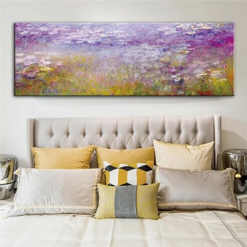 Monet Water Lilies Oil Paintings Print On Canvas Wall Art Prints Famous Artwork By Monet Wall Pictures Home Decor 60x180cm(24x71in) WithFrame