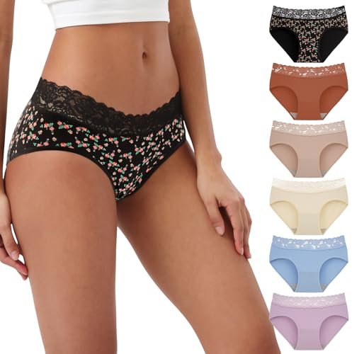 INNERSY Culottes Coton pour Femme Élastique Culotte Dentelle Respirante sous Vetement Lot de 6 (42, 5 Couleurs Unies/1 Fleur de Rose)