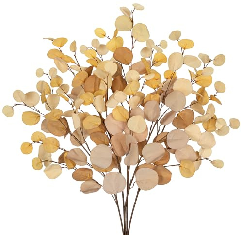 Briful 5PCS Künstliche Eukalyptus Kunstzweige 48CM Künstliche Zweige Sandybrown Eukalyptusstiel Kunstpflanzen für Blumengesteck Home Dekoration