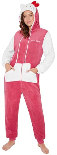 Hello Kitty Sanrio Schlafanzug Einteiler Damen Teens, Flauschiger Kapuzen Onesie Pyjama mit Taschen, Anime Geschenke für Sie