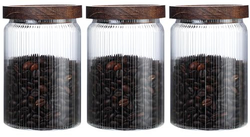 Danmu Art Pinstriped Glass Jars with Airtight Wood Lids - Storage Containers for Coffee Tea Sugar - Set of 3 (750 ML)