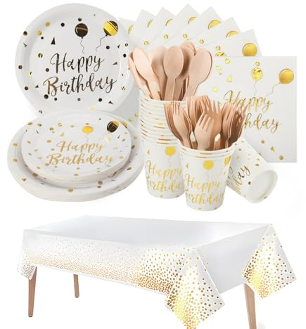 141 pieces Happy Birthday partygeschirr Set | Weiß gold pappteller geburtstag partygeschirr geschirrset, Tablecloth, Plates, Cups, Napkins,Party For Birthdays Aus 100% Papier(20 Gästes)