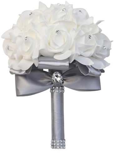 Brautstrauß mit Strass, Hochzeit Blumenstrauß Braut Brautjungfer Brautjungfern Bouquet ø18CM Blumensträusse Hochzeit Künstlich Silk Blume für Hochzeit, Fotoshooting (1-Grau,ø18x24CM)