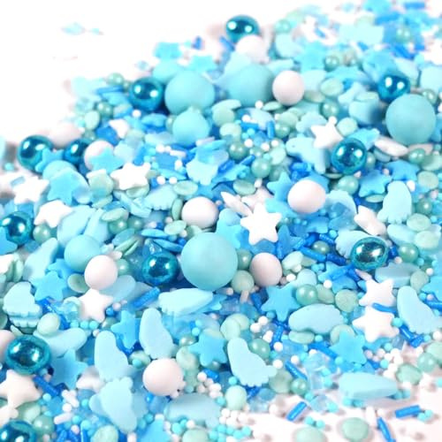 Streuselheld Little Boy 120g essbare Deko Zuckerstreusel | Blauer Streusel mit Füßchen, Perlen, Jimmies und Sternen als Topping für Baby Shower Cake Sprinkles für Gender Reveal Torten