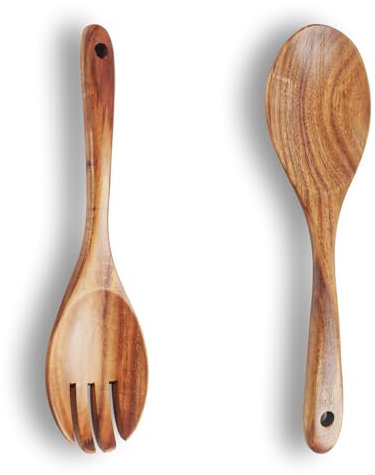 2Pcs Holz Servierbesteck Set, Salatlöffel und Salatgabel Holz, hochwertiges Holzbesteck aus Teakholz Küchenhelfer