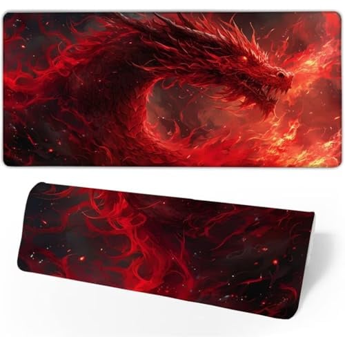 Gaming Mauspad Rot Mauspad Groß, Schreibtischunterlage Drachen Mousepad XXL 900x400x3mm, Mouse Pad Rutschfest & Wasserdicht Verbessert Präzision und Geschwindigkeit, Gaming-Mauspads für PC JC-358