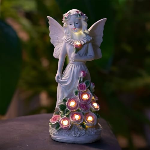 Tuzsocr Statue da giardino a forma di angelo custode, con 7 luci solari a LED, resistente al gelo, decorazione da giardino, decorazione per esterni, prato, cortile, terrazza, davanzale, 33 cm