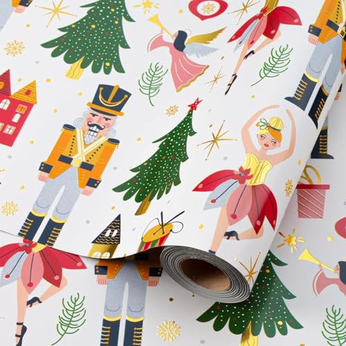 Wikadlik Christmas Wrapping Paper - 43cm x 10m Metallic Gold Foil Shine Nutcracker Girls Dance Ballet Present Packing Paper for Holiday DIY Craft Decoration