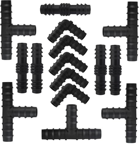 MiJunHD Lot de 15 raccords de connecteur d'irrigation goutte à goutte de 25 mm, raccord direct barbelé et coudé en T pour tuyau de tuyau de 16 mm