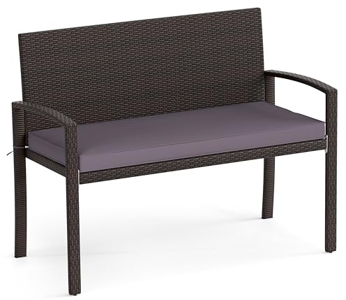 GIANTEX Gartenbank Rattan mit Auflage, Sitzbank Outdoor wetterfest, Balkonbank für 2 Personen, Terrassenbank Parkbank mit Rückenlehne & Armlehnen, Bank Outdoor bis 360 kg belastbar, 110 x 56 x 84 cm