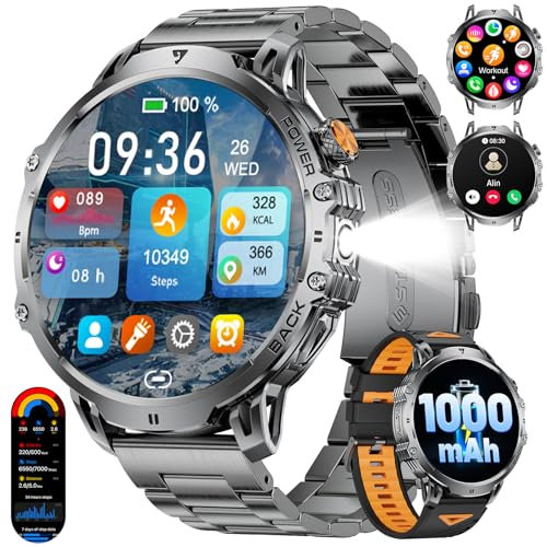 BENYAR SMART-Montre Connectée Homme avec Batterie 1000mAh, 1,85'' HD Grand Écran Smartwatch Militaire avec Lampe LED, Appels pour Android iOS, Étanche IP68, 120+ Modes Sport Bracelet Sportif