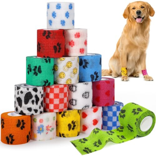 GMUFTIR Selbstklebende Bandage für Haustiere, 16 Rollen Selbstklebender Verband 5cm*4,5m, Elastische Kohäsive Haftbandage für Hund Pferd Haustier Sport Hand Arm Fuß Gelenk Finge