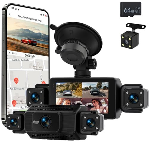 Fuluku Cámara de Tablero 360° 4 Canales 1080P, Pantalla IPS 3 | Car Dash CAM con WiFi 64GB G-Sensor Cámara Trasera 24H Modo Aparcamiento Visión Nocturna Grabación en Bucle