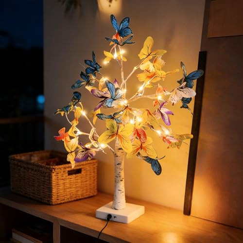 Behogan LED Baumlichter mit Schmetterling: Kunststoffgehäuse Ahornblatt Baumlicht, E14 Sockel Butterfly Birkenbaumlicht, IP42 Schutz Herbst Dekoration Baumlicht, für Innenraumdekoration