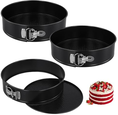 CHUENKUK 3 Stück Springform 26 cm Rund, Schwarz Kuchenform, Backform Kohlenstoffstahl Antihaft Backformen mit Klickverschluss, Für Torten Käsekuchen und Backen