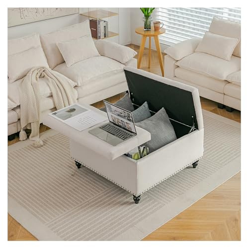 INMOZATA Multi-Functional Fabric Storage Ottoman with Lift-Top & Side Table, Spacious Hidden Storage, Rivet Detail & Wooden Feet, Upholstered Footstool for Living Room/Bedroom(Beige)