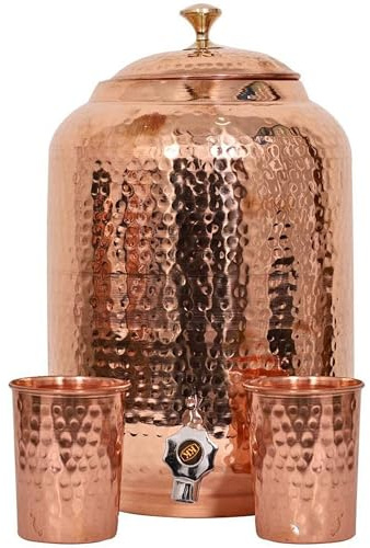 Hammered Copper Water Dispenser with Tap & 2 Copper Glasses | Pure Copper Water Storage Tank with Matching Tumblers | Traditional Handmade Copper Drinkware Set