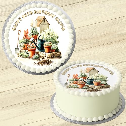 Gardening Theme Personalised Birthday Cake Topper, 7.5 Inch Round | Edible Icing Sheet, Gluten-Free