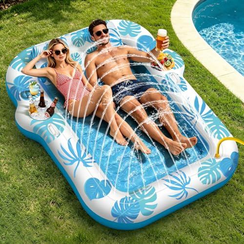 JONRRYIN Materassino Gonfiabile Mare Adulti 2 Persone, Tanning Pool 225×190 cm, Materassino Piscina con Funzione Spruzzo e 2 Portabicchieri, Poltrona Gonfiabile Piscina Relax per Mare