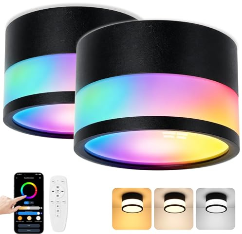 URing LED Aufbauspot RGB Deckenspots Aufputz IP65 Schwarz, 2 Stück | 12W, Deckenleuchte mit Fernbedienung APP, Dimmbar, 2700K-6500K, Flach, Aluminium, Rund Aufbaustrahler für Badezimmer, Ø10,9cm