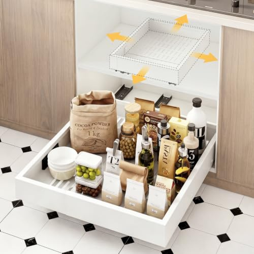 Yooheim 4 Richtungen Ausziehbare Schublade Küche, 1 Stück, Weiß | Teleskopschublade, Schrank-Organizer, Einstellbare Breite 30-48 cm & Tiefe 36-55,5 cm, Metallrahmen, Montage Ohne Bohren
