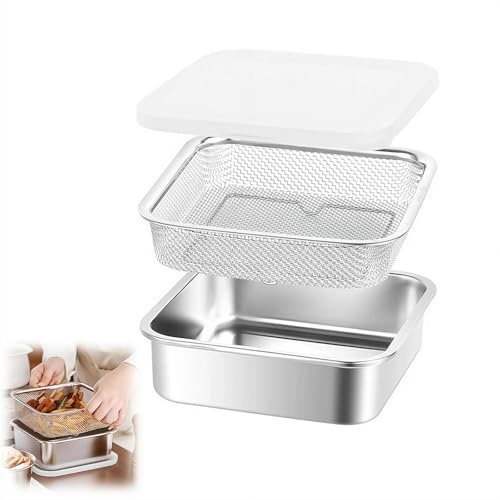 SUS304 Stainless Steel Colander Set, Square Strainer with Lid for Draining Vegetable Washing Rice, Oil & Water Drain,2 in 1 Strainer Bowl & Food Storage Container Food Preparation Box Bowl