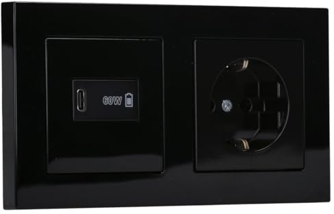JUNG A USB-C Schnellladegerät 60W Power Delivery Schwarz – USBPD60CSW mit A1569USBSW Abdeckung + A1520SW Steckdose + A5582BFSW Rahmen