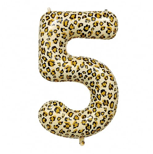 Gleemix 40 Zoll Zahlenballon 5 Leopard, Geburtstag Folienballon | Leo Deko Ballon für Mädchen Geburtstag 15, 25, 35, 45. Fotohintergrund, Jubiläum, Motto Party, Safari Party, Jungle Party