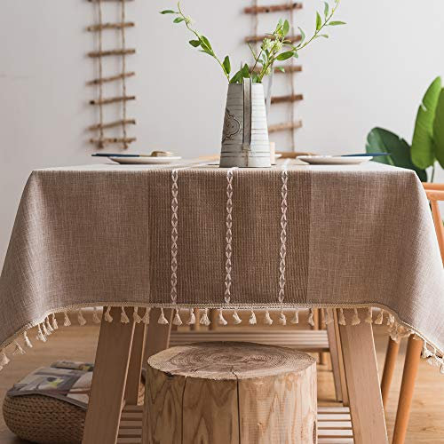 Plenmor Heavy Weight Cotton Linen Tablecloth Dust-Proof Tassel Table Cloth Cover for Kitchen Dinning Farmhouse Tabletop Decoration (140x300 cm, A-Brown)