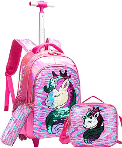 HTgroce Magische Pailletten Einhorn Schulranzen Rucksack Trolley mit 2 Rollen für Kinder Mädchen,Nylon,Kinder Schultrolley Geeignet für Schule und Reise,Mit Essensbeutel und Federmäppchen,Pink