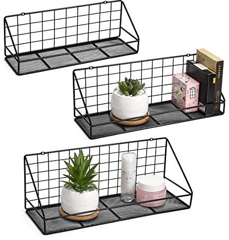 QIWODE Wall Shelves Set of 3, Metal Shelves Wall Mounted, Floating Shelves with Backrest, Wall Storage Racks for Bedroom, Living Room, Bathroom, Kitchen, Office, etc., Black
