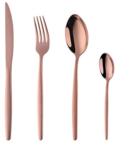 Besteckset, Besteck aus Edelstahl, 16-teiliges Besteck Set inkl. Messer, Gabel, Löffel, Teelöffel Essbesteck für 4 Personen, Spiegelpoliert, Spülmaschinenfest (Rosé Gold)
