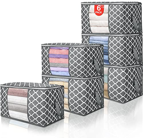 Budding Joy 6 Stück 90L Aufbewahrungstasche, Aufbewahrungsbox mit Deckel Große, Kleider Aufbewahrung Umzugskartons, Faltbare Unterbett Kleiderschrank für Kleidung Bettdecken und Bettwäsche, Plaid