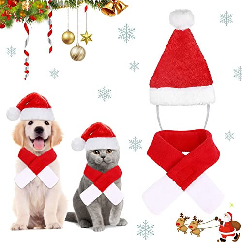 Katzen weihnachtskostüm, katzenkostüm, Haustier Weihnachtsmütze, 2 Stück Weihnachten Hundekostüm Katzenkostüm, Weihnachtsmann-Mütze, Schal