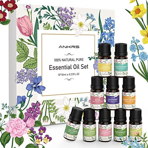 Ankrs Ätherische Öle Set 10x10ml, 100% Naturrein Diffuser Öl, Aromatherapie Essential Oils, Lavendel, Teebaum, Pfefferminz, Zitronengras, Eukalyptus, Zimt, Rose, Ylang-Ylang, Süße Orange, Zitrone