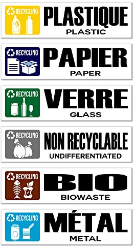 GamesMonkey® - Autocollants pour tri sélectif Recyclage Déchets Poubelle - FR - v1 - Imperméables Lavables Illustrés - Français Anglais - Vinyle Brillant DH (25x8 cm, 6 Pièces)