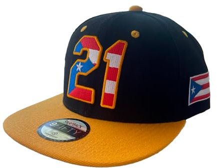 Clemente 21 bestickte Flatbill Snapback Cap mit Puerto Rico Flagge, Schwarz / Gelb, Einheitsgröße
