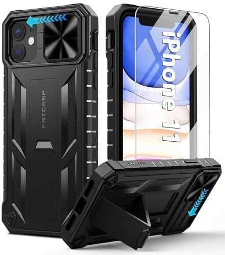 FNTCASE for iPhone 11 Phone Case: Rugged Military Grade Full Protection Shockproof Protective Case with Kickstand | TPU Matte Textured Heavy Duty Hard Bumper Phone Cover for iPhone 11-Black