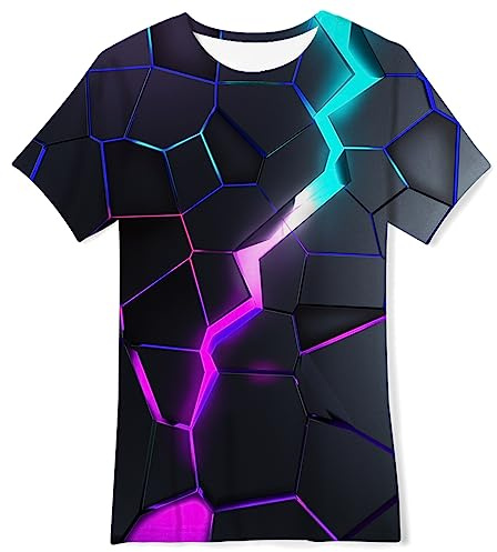 Belovecol T-Shirt pour Adolescents garçons et Filles Noir à Manches Courtes 3D éclair Cool été col Rond T-Shirts 15-16 Ans