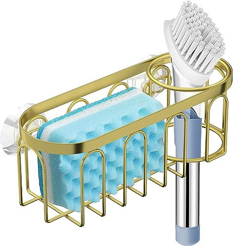 Kdaooy Sponge Holder,SUS304 Stainless Steel 2-in-1 Suction Cup Rack Caddy, No Drill Rustproof Kitchen Sink Organizer for Place Dishwashing Brush Soap and Sponge (Gold)