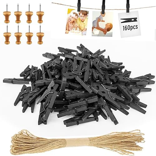 Hengxinchen 168 Stück Mini Holzklammern Klein Schwarz Mini Wäscheklammern Hochzeit Kleine Holzklammern Für Polaroid Fotos mit 10M Jute String DIY für Fotowand Display Party(2.5x0.3cm)