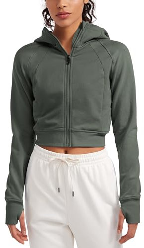 CRZ YOGA Damen Full Reißverschluss Fleece Hoodie Jacke Cropped Running Zip Up Laufjacke Workout Sport Sweatjacke mit Daumenloch Grauer Salbei 40