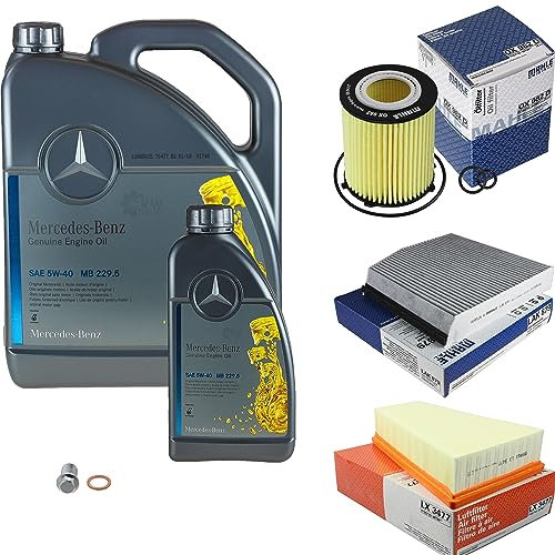 Inspektionspaket Wartungspaket Filterset mit 6 L Motoröl MB 229.5 5W-40 Ölfilter, Luftfilter, Innenraumfilter (Aktivkohle), Verschlussschraube