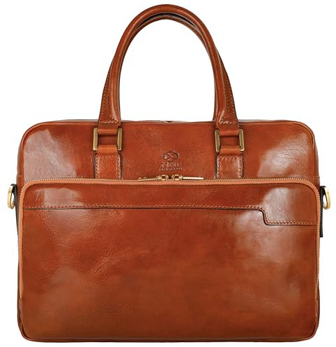 Time Resistance Porte-Documents Homme en Cuir Noir Italien Pleine Fleur Sac à Bandoulière Détachable Fabriqué à la Main pour Ordinateur Portable (Marron Cognac)